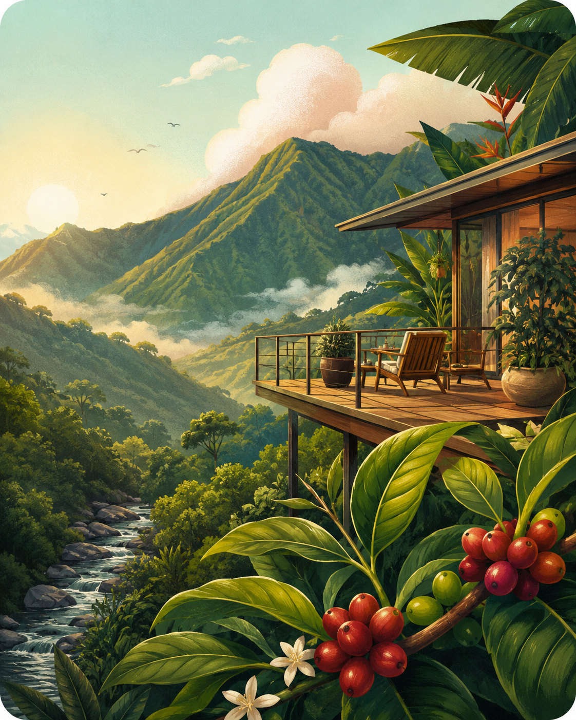 Boquete con montañas verdes, cafetales y una terraza con vista
