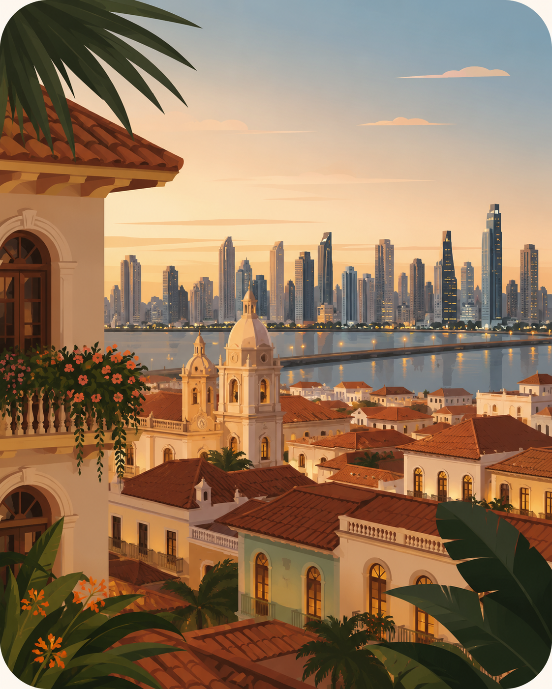 Casco Viejo y skyline de Panamá City al atardecer